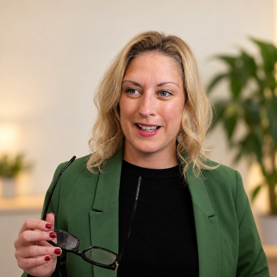 Rebecca Cooper, founder of Elevatus Coaching, in a green blazer holding her glasses
